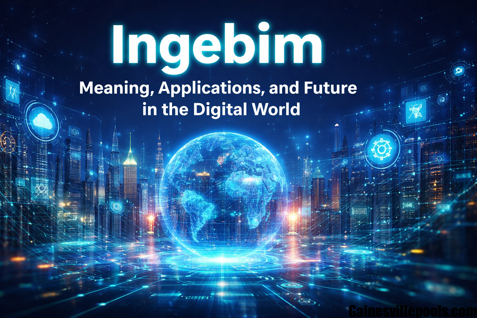 Ingebim concept illustration with digital globe, smart city, and futuristic technology network