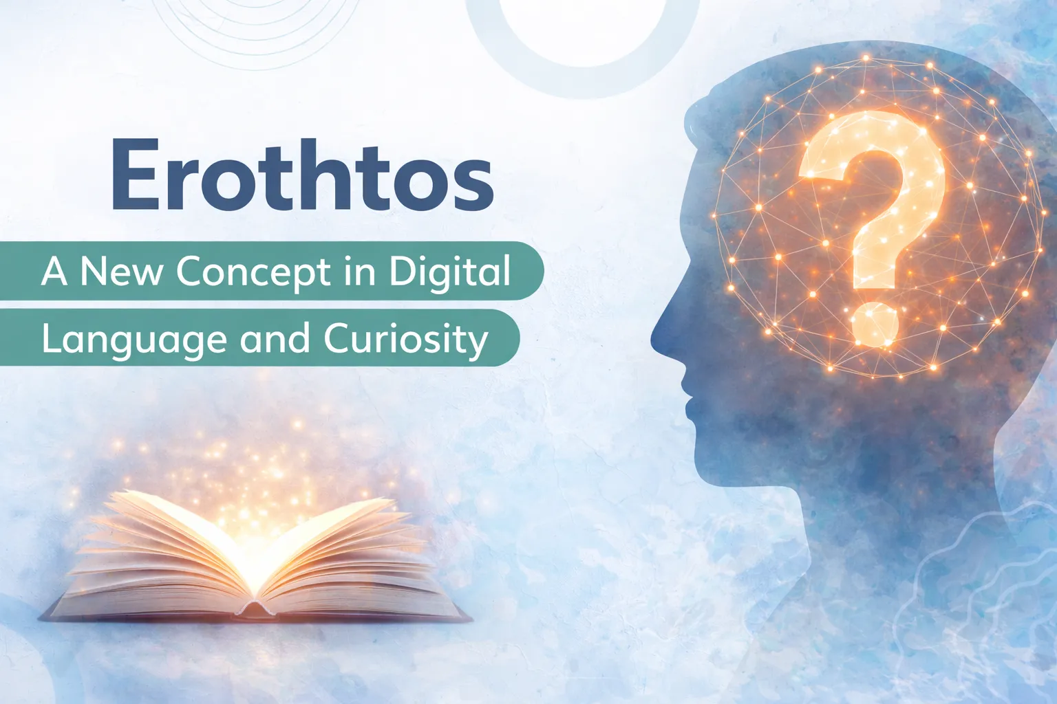 Illustration representing the concept of Erothtos with a human head silhouette, glowing question mark, and open book symbolizing curiosity and knowledge.