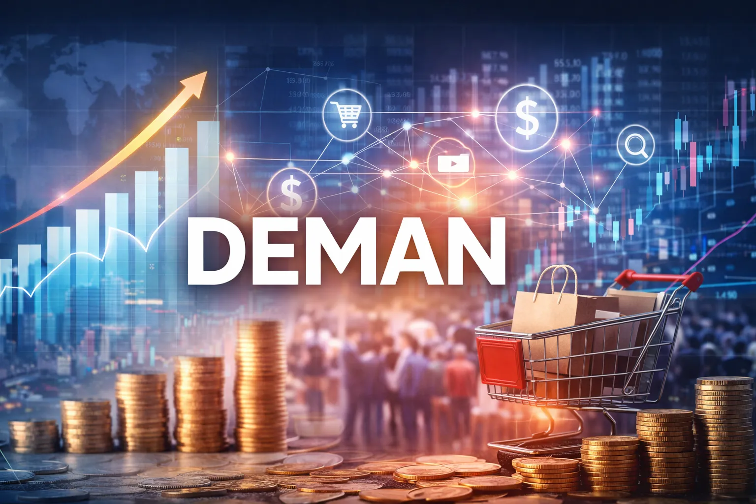 Deman concept illustration showing market growth chart, shopping cart, coins, and digital economy symbols representing consumer demand and economic activity.